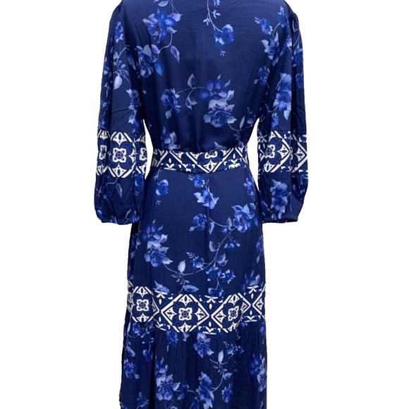 CELINA MOON BOHO BLUE PRINTED 3/4 SLEEVES BELTED MIDI DRESS SIZE L $259 - Picture 7 of 10